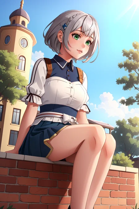 (masterpiece, best quality), intricate details,
1girl, <lora:shirogane_noel_v1:0.8> shirogane noel, silver hair, short hair, x hair ornament, green eyes,
<lora:GTS:0.8> GTS, sitting on building, outdoors, buildingseat, looming,