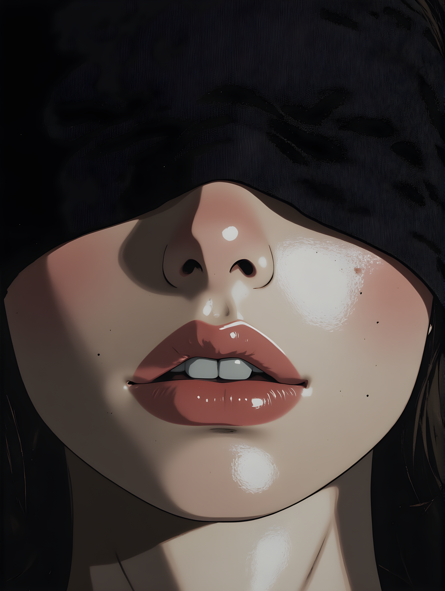 The image is a close-up portrait of a person with a striking and mysterious appearance. The individual's face is partially obscured by a black blindfold that covers their eyes, creating an air of intrigue and anonymity. The visible features include the nose, lips, and part of the cheeks, all rendered with meticulous detail. The skin tone is fair, and the lips are painted in a soft shade of pink, adding a touch of warmth to the otherwise dark and enigmatic composition. The background is completely black, which further emphasizes the subject's facial features and the stark contrast created by the blindfold. The overall mood of the image is somber and contemplative, evoking a sense of mystery and introspection.
j_art, anime, anime art, <lora:FLUX\jul\J_Anime:0.7>, <lora:FLUX\RealAnime:0.7>