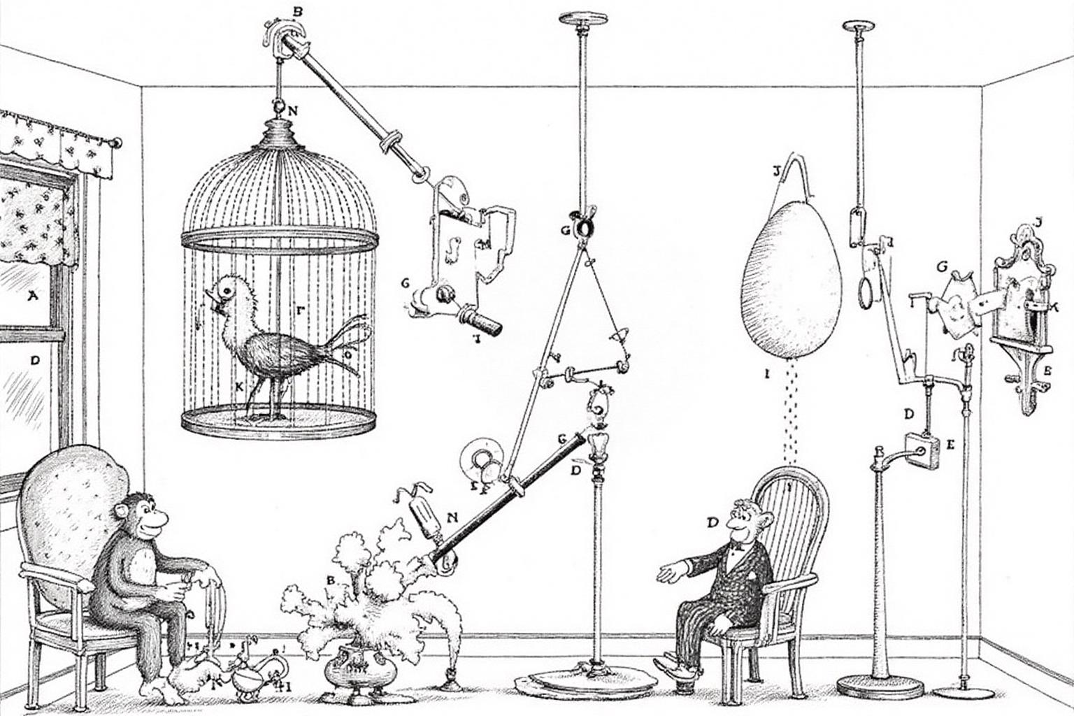 rugo1 illustration. 
The illustration features various mechanical contraptions and objects in a cluttered, surreal environment. In the background, a large, open birdcage with a wire mesh structure is suspended from the ceiling, containing a bird. There is a monkey sitting on a chair, and a very large egg hanging from the ceiling.
 <lora:rugo1_cap_d6a3e11:1.0><lora:828770217002842394:0>