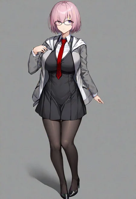 Mash_Def, glasses, short dress, black dress, black skirt, necktie, red necktie, wing collar, jacket, open jacket, hooded jacket, grey jacket, hood down, black pantyhose,
masterpiece, best quality, very aesthetic, absurdres, 1milf, 1adult, solo, full_body, tachi-e,