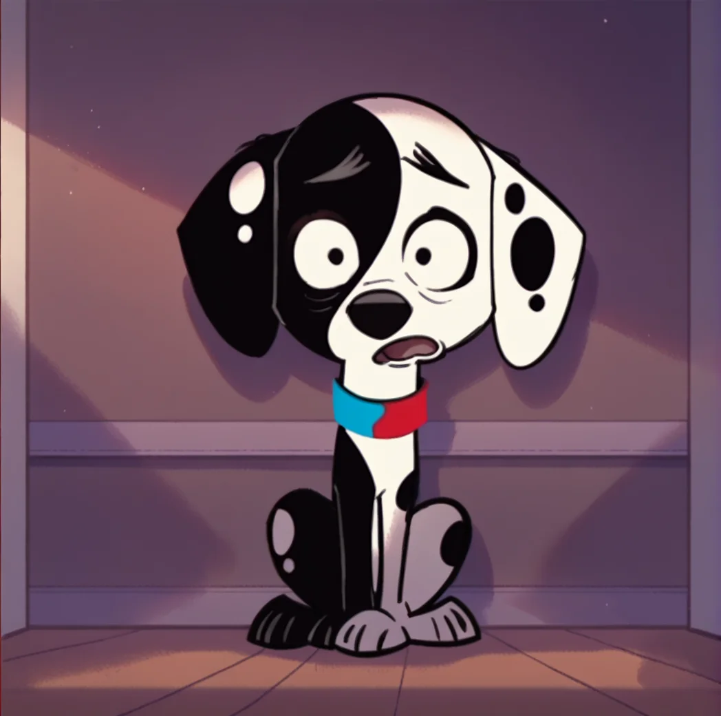 score_9, score_8_up, score_7_up, score_6_up, score_5_up, score_4_up, <lora:deepak101dalmatianstreet2:1>, deepakdog, dog, black and white fur, dog ears, spots, multicolored collar, solo, open mouth, full body, standing, indoors, detailed background,
