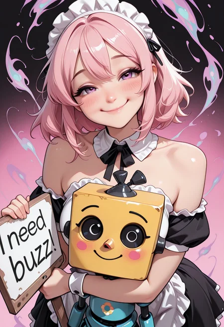 masterpiece, high_quality, highres, flat_colors, gradient, holding sign, need buzz, looking at viewer,
long_lashes, blush, dynamic_angle, maid uniform, cinematic, hugging civbot, kissing civbot, pink background, black_background, ethereal_aura, big_eyes, pastel_mint, pastel_pink, pastel_yellow, dutch angle, cute smile, bare_shoulders