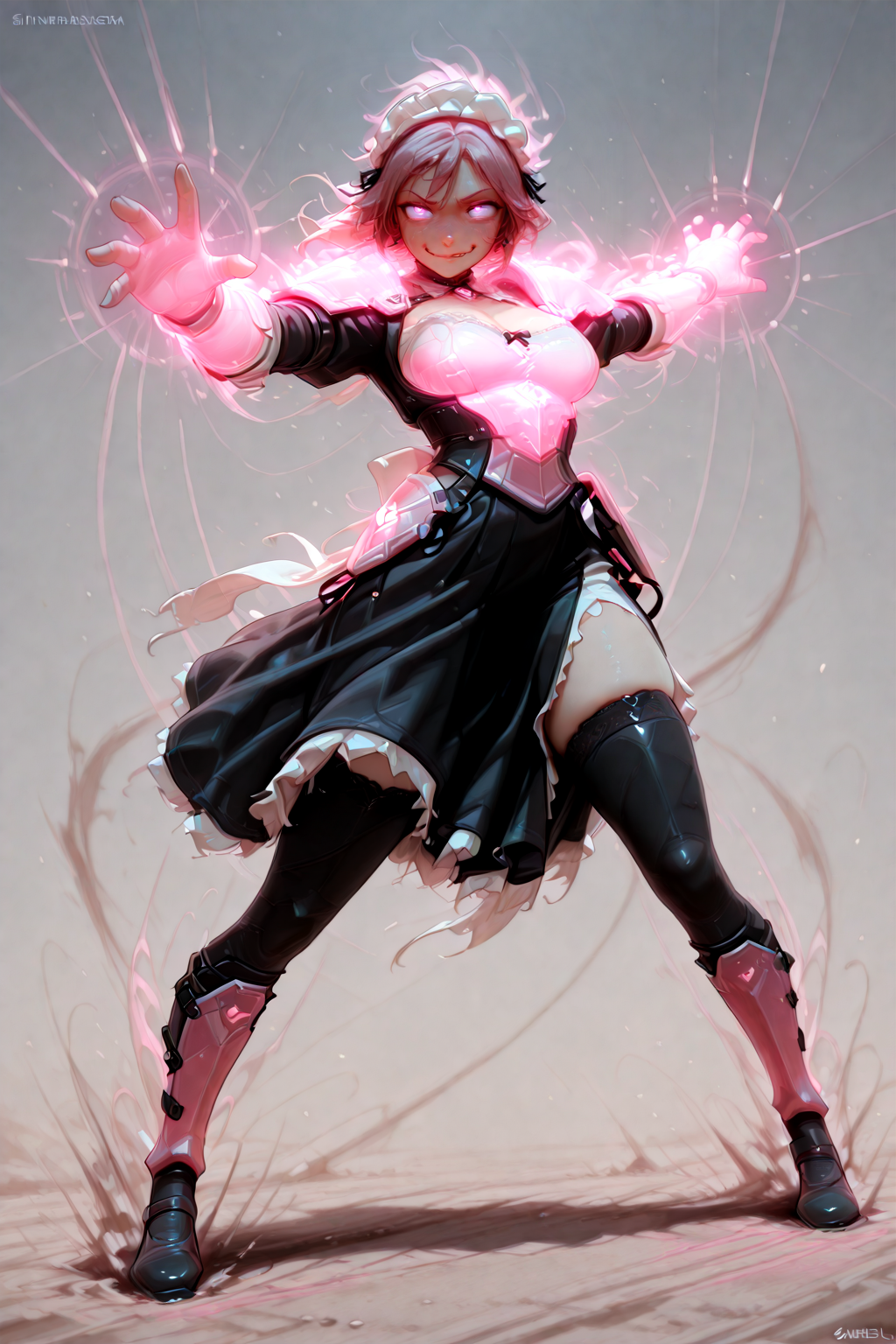 masterpiece, amazing quality, best quality, ultra-detailed, 8K, ultra-detailed-eyes, newest, highres, absurdres, milf, (dynamic pose), 
<lora:CivChan:1> CivChan, purple eyes, pink hair, medium breasts, maid, (smirk),
<lora:Sinner_-_Sillygirl:1> s1nn3r, deflecting magical blasts, laser blasts, 
<lora:mage_armor:1> mage armor, pink armor, glowing armor, fringe, grey background,, <lora:reij-rt:1.5> <lora:spo_sdxl_10ep_4k-data_lora_webui:1.5>