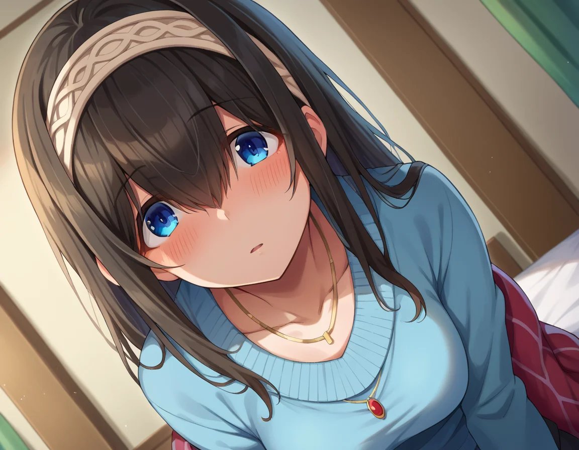 score_9, score_8_up, score_7_up, source_anime,
fumikasagisawa, <lora:fumika-sagisawa-ponyxl-lora-nochekaiser:1>,
fumika sagisawa, blue eyes, black hair, hairband, long hair, hair over eyes,
blue sweater, collarbone, jewelry, necklace, shawl, sweater, skirt,
indoors, bed, bed room, on side, blush, drunk,
looking at viewer, dutch angle, cowboy shot,