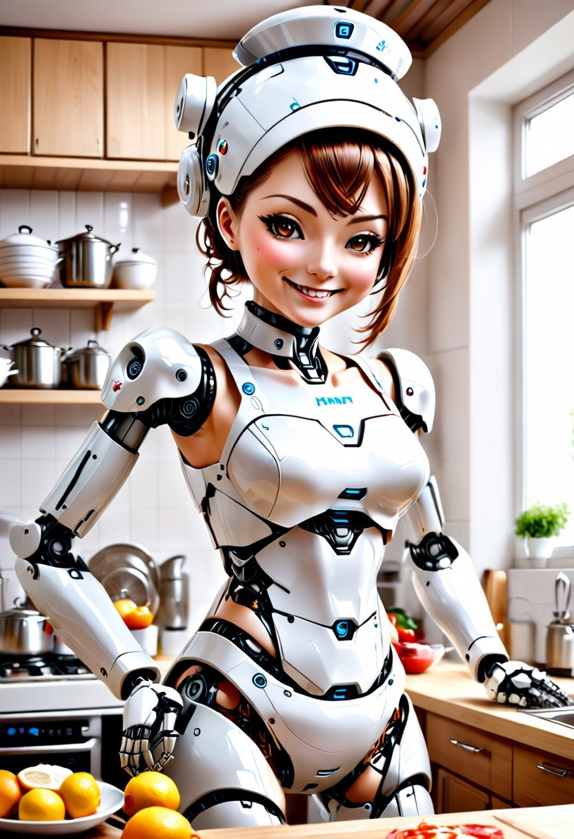 robot maid nurse cooking cleaning looking after the family, feminine, hybrid, (skin, torso, attractive, navel), lewd, pleasure bot, kitchen, looking at viewer, offering services, how about it, creepy robot smile