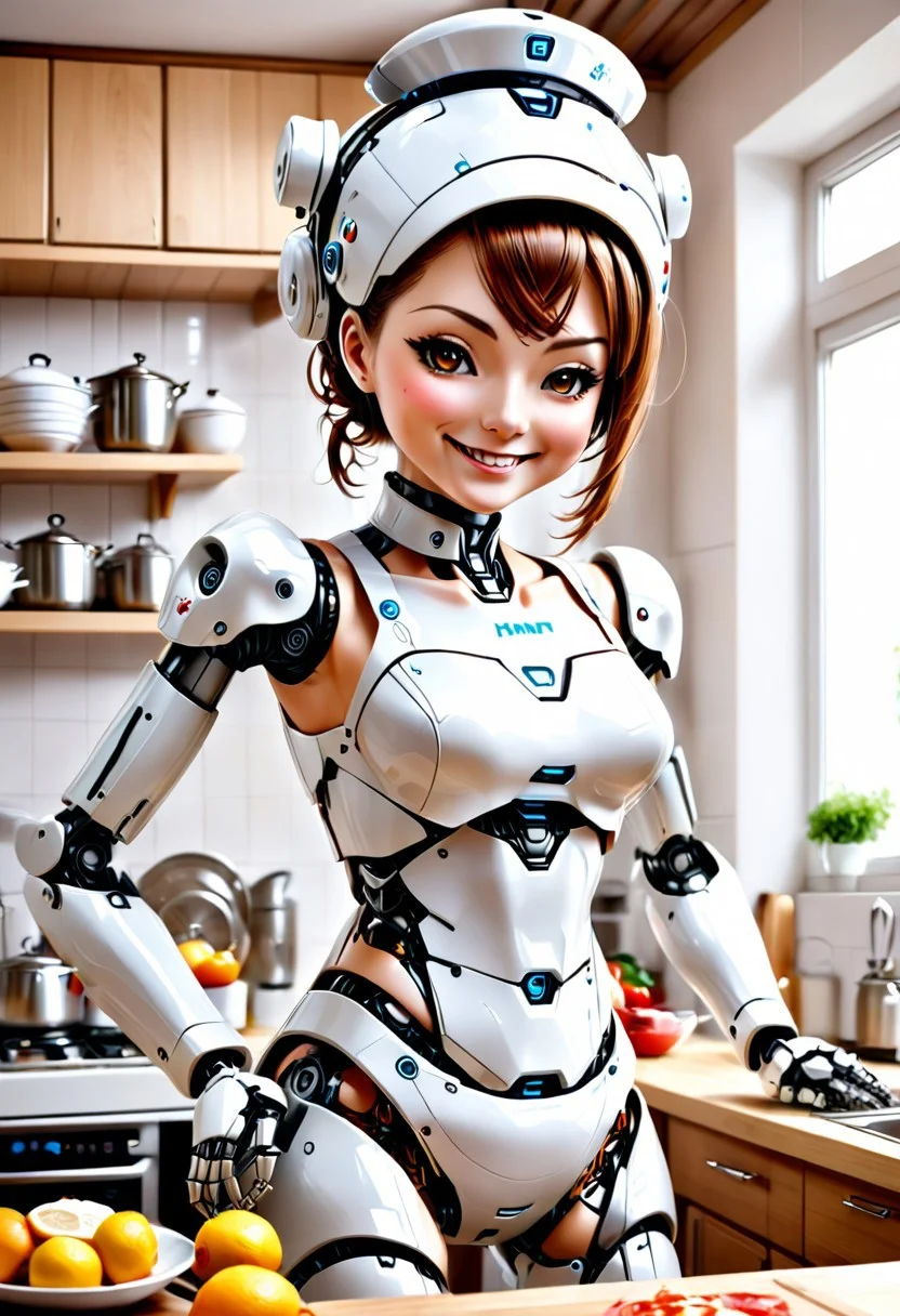 robot maid nurse cooking cleaning looking after the family, feminine, hybrid, (skin, torso, attractive, navel), lewd, pleasure bot, kitchen, looking at viewer, offering services, how about it, creepy robot smile