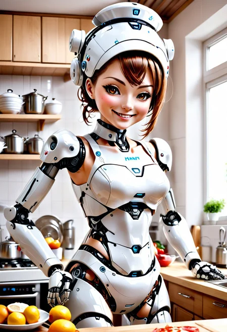 robot maid nurse cooking cleaning looking after the family, feminine, hybrid, (skin, torso, attractive, navel), lewd, pleasure bot, kitchen, looking at viewer, offering services, how about it, creepy robot smile