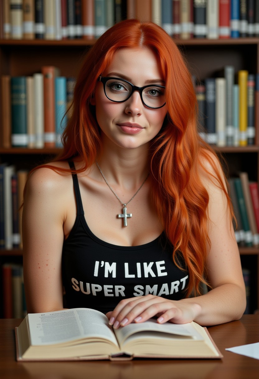 Stunning 18-year-old ginger haired woman, very thin, very petite, freckles, (European), tight tank top featuring bold 'I'm Like, Super Smart' text, and micro blue jean denim shorts, nipples are prominent and large, with a full bust, (long, wavy hair frames a beautifully detailed face). sitting at a table, reading a book at a library, wearing black rim glasses, upper body focus. ((She has a playful smirk and a bubbly, flirty energy about her)). The image captures incredible detail, with bright facial features and meticulously rendered hair, ((silver necklace with a very large cross pendant:1.7))