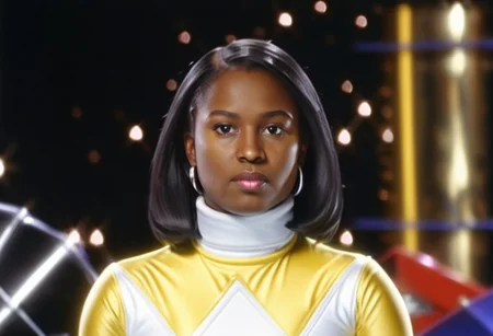 female yellow power ranger Aisha, side-parting voluminous straight shoulder-length bob hair, alone, helmetless, uniform, white turtleneck collar, white gloves belt, serious facial expression, mouth closed, mouth shut, in megazord, hyperdetailed photography