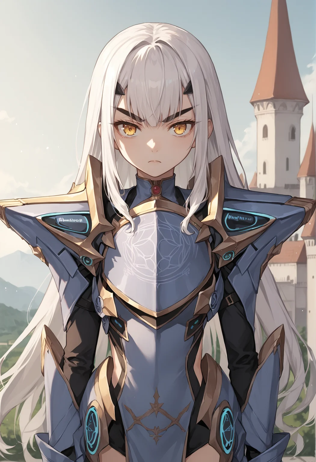 1girl, forked eyebrows, white hair, very long ahir, yellow eyes, v-shaped eyebrows, armor, shoulder pads, bare legs, outdoors, castle, serious, upper body, cowboy shot <lora:Melusine_Fate_Grand_Order_XL_v2:1>, score_9, score_8_up, score_7_up, score_6_up, score_5_up, score_4_up, BREAK source_anime, masterpiece