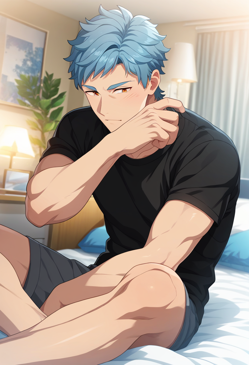 1boy, male focus, 
<lora:Character_-_Helios_Rising_Heroes_-_Asch_Albright:1> asch, blue hair, orange eyes,  
((zPDXL)), score_9_up, score_8_up, score_7_up, score_6_up, score_5_up, score_4_up, best quality, amazing quality, best aesthetic, absurdres, year2023, nsfw, game cg,  official art, official style, anime screencap,
bedroom, black shirt, sitting on bed, shorts, presenting,