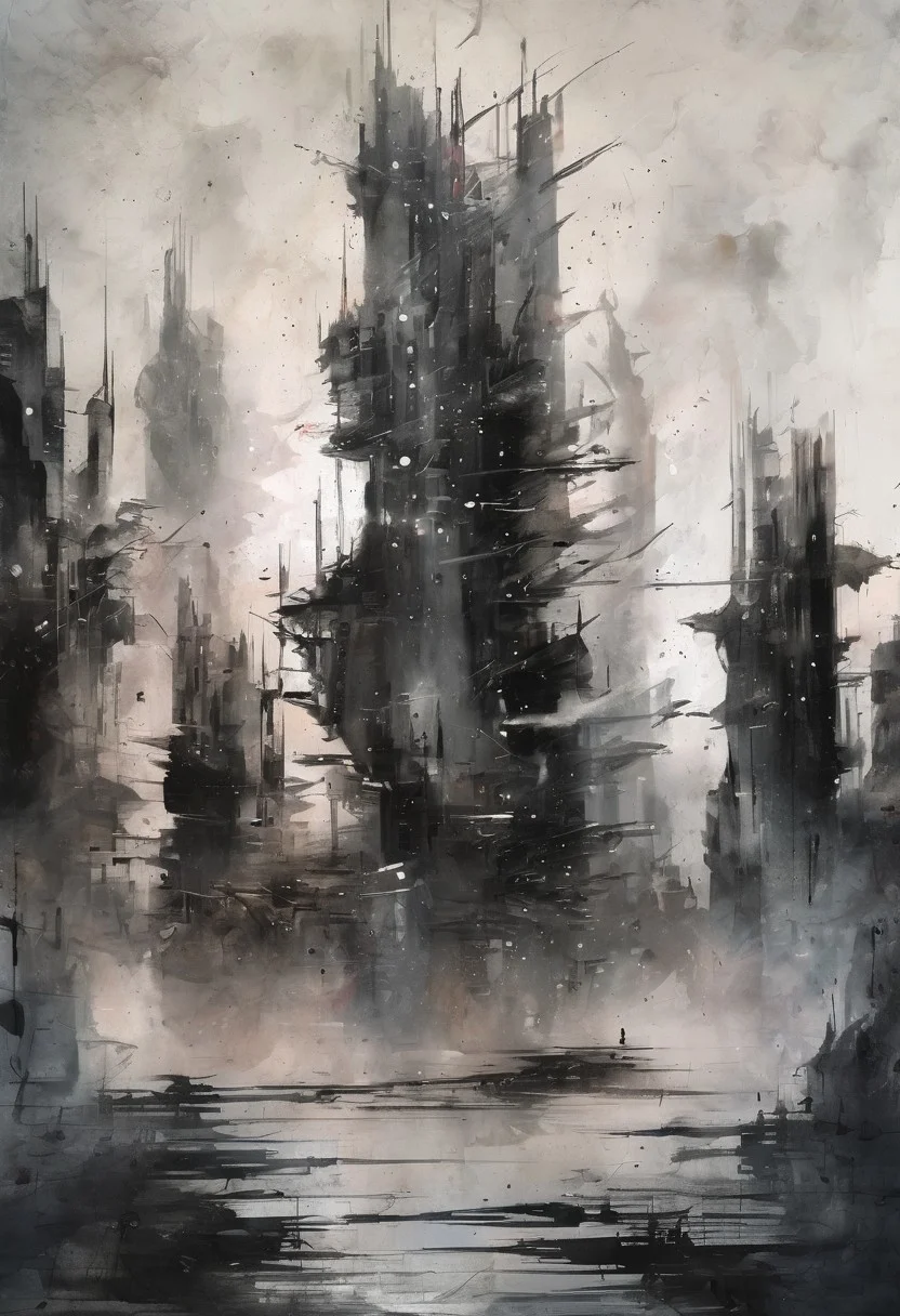 void, left blank, vacant space, ultra fine painting, water wash ink splash, cyberpunk bark mega city, unbalance composition