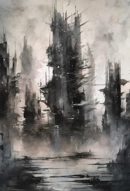 void, left blank, vacant space, ultra fine painting, water wash ink splash, cyberpunk bark mega city, unbalance composition
