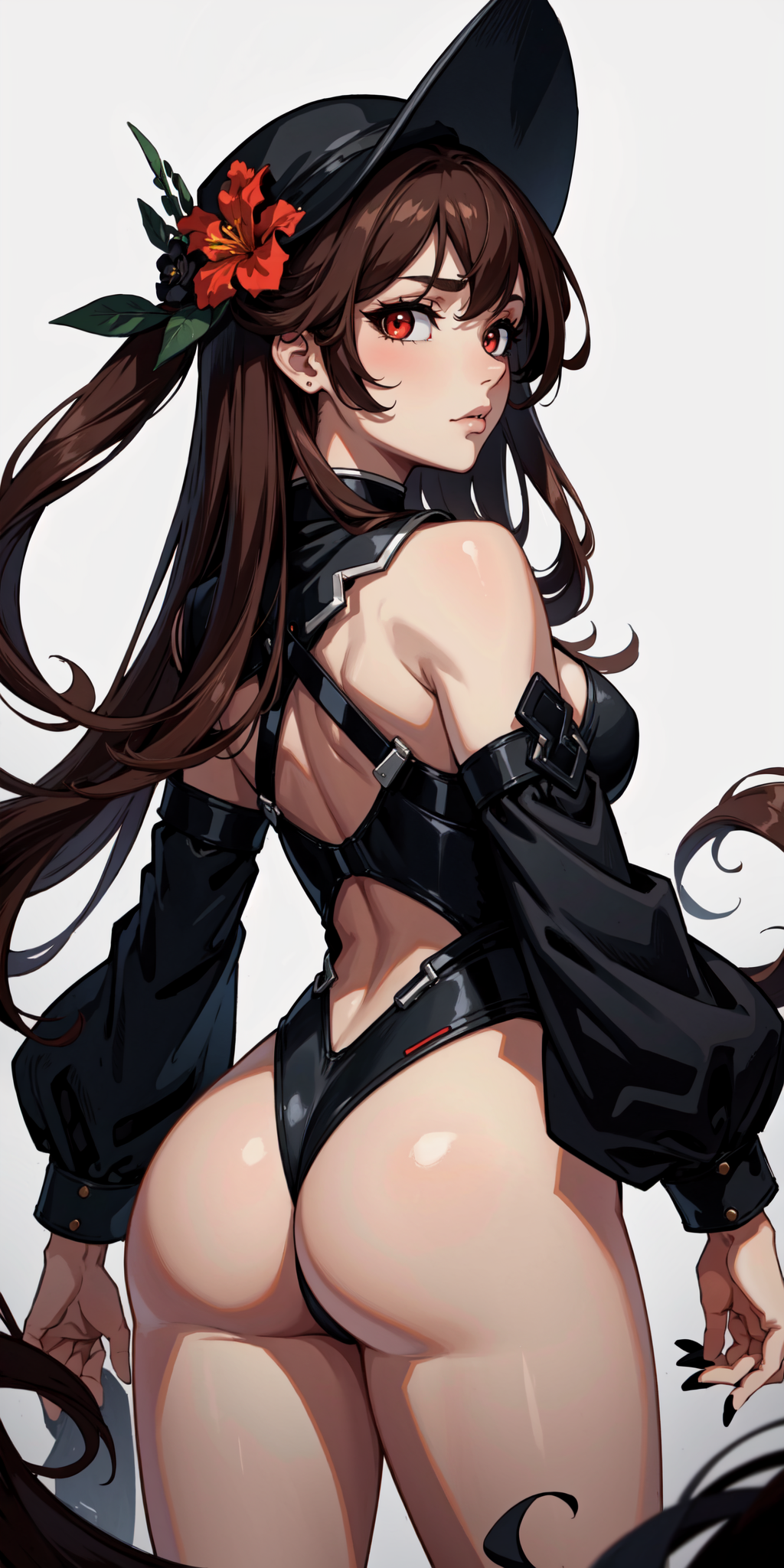 (masterpiece:1.2, best quality:1.2, beautiful, high quality, highres:1.1, aesthetic), detailed, extremely detailed, ambient soft lighting, 4K, perfect eyes, perfect face, perfect lighting, 1girl, ass, back, black headwear, black nails, bottomless, brown hair, flower-shaped pupils, from behind, long hair, long sleeves, looking at viewer, looking back, pussy, red eyes, simple background, solo, thighs, white background