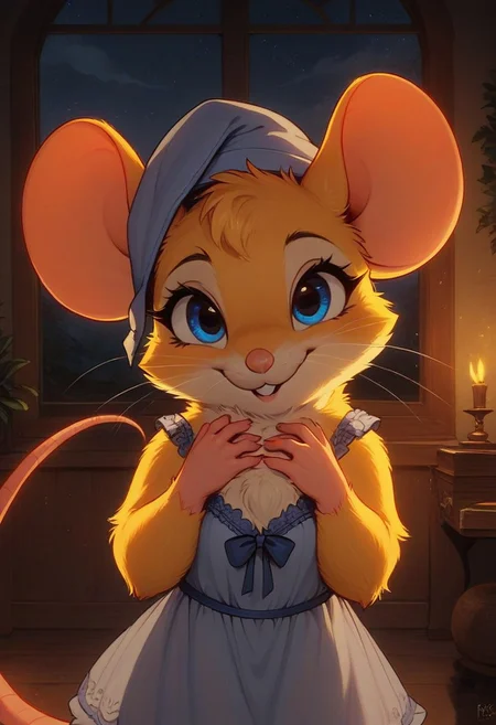 score_9, score_8_up, score_7_up, score_6_up, 
[][][][][]
cel-shading, in the style of Beatrix Potter,
[][][][][]
(((mouse))), furry, (feral:1.4), female, solo, (fluffy:0.5), (fluffy cheeks:0.3), (cute:1.2),
[][][][][]
(blue nightgown, nightcap), yellow fur, blue eyes, 
[][][][][]
indoors, romantic, (night:1.5), backlit, look at viewer, hands to chest
[][][][][]
(close up, upper body shot:1.5),