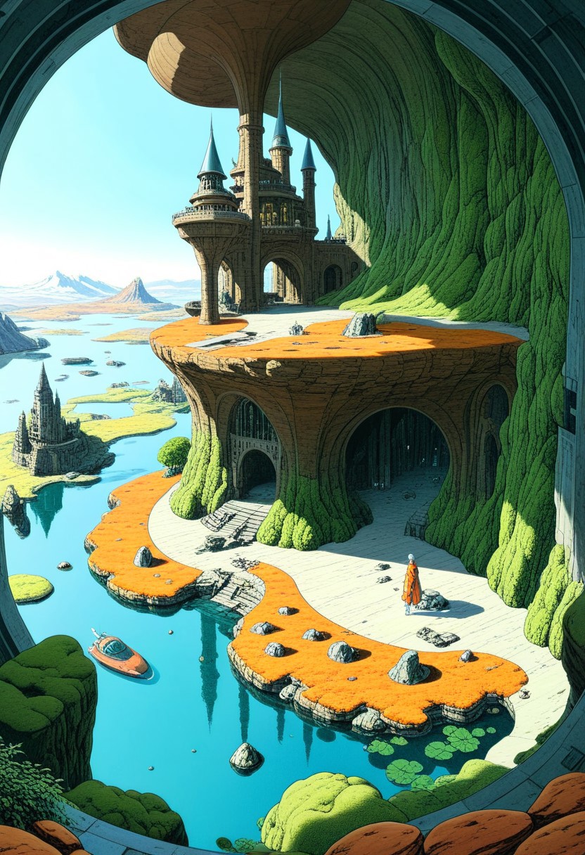 autumn , day ,
ruins, broken, mossy , castle, castle  on a floating island, ancient advanced civilazation, broken sci-fi technology, stone people,
StdGBRedmAF, Studio Ghibli, <lora:StudioGhibli.Redmond-StdGBRRedmAF-StudioGhibli:1>,Moebius (Jean Giraud) Style page,csleeper