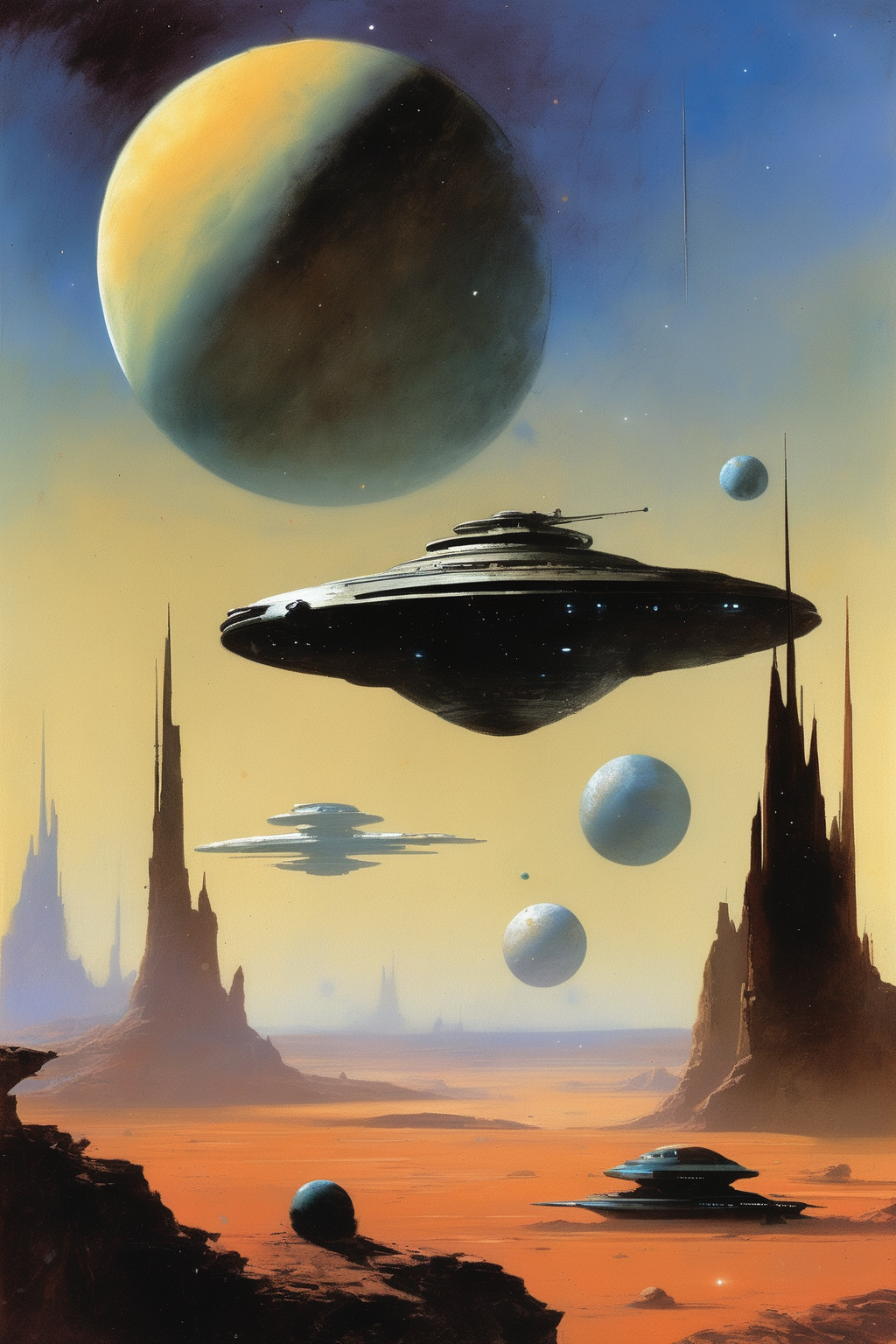 John Harris Style - a John Harris painting of huge spaceships and distant planets