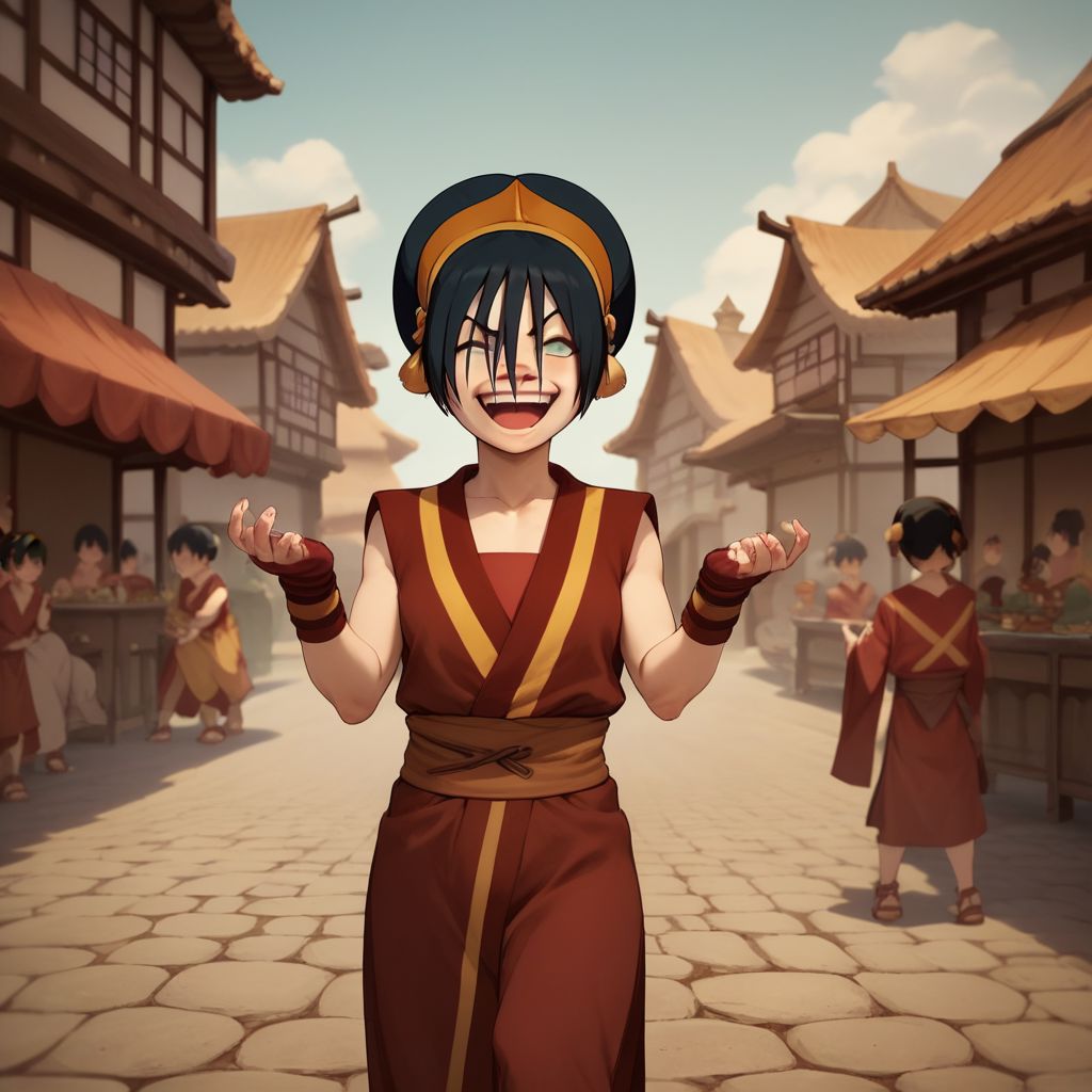 score_9, score_8_up, score_7_up, score_6_up, score_5_up, score_4_up, 1girl, Toph, blind, in a Japanese village, laughing