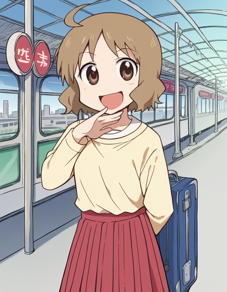score_9, score_8_up, score_7_up, source_anime, <lora:izumi-sakurai-s1-ponyxl-lora-nochekaiser:1>, izumi sakurai, short hair, brown hair, brown eyes, ahoge,, skirt, yellow shirt, pleated skirt, red skirt,, train station, waiting for train, suitcase, traveling, commute, city skyline, hands behind back,, smile, <lora:ojou-sama-pose-ponyxl-lora-nochekaiser:1>, ojou-sama pose, laughing, smug, hand to own mouth, open mouth,, looking at viewer, solo,, dutch angle, cowboy shot