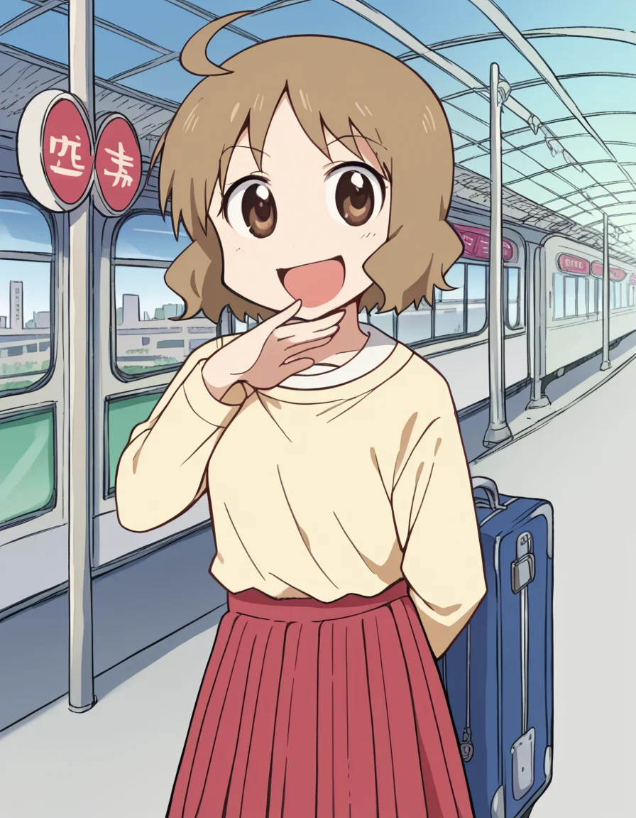 score_9, score_8_up, score_7_up, source_anime, <lora:izumi-sakurai-s1-ponyxl-lora-nochekaiser:1>, izumi sakurai, short hair, brown hair, brown eyes, ahoge,, skirt, yellow shirt, pleated skirt, red skirt,, train station, waiting for train, suitcase, traveling, commute, city skyline, hands behind back,, smile, <lora:ojou-sama-pose-ponyxl-lora-nochekaiser:1>, ojou-sama pose, laughing, smug, hand to own mouth, open mouth,, looking at viewer, solo,, dutch angle, cowboy shot