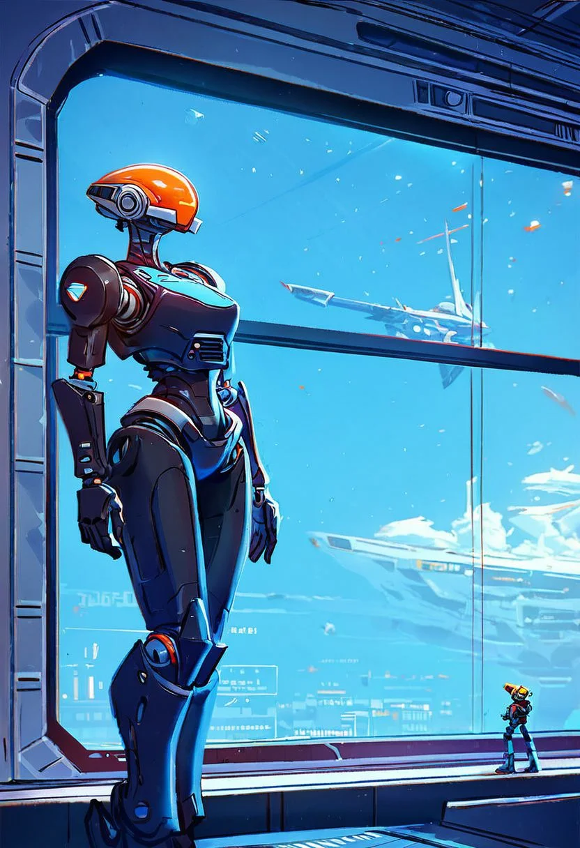 score_9,score_8_up,score_7_up, three-legged automaton:1.5, BLACK ARMOR with red filigree, ROBOT, SLEEK, PRISTINE, WHITE-SPACESHIP-INTERIOR, LOOKING OUT OF window into space OVERLOOKING ORANGE-GAS-GIANT-PLANET,