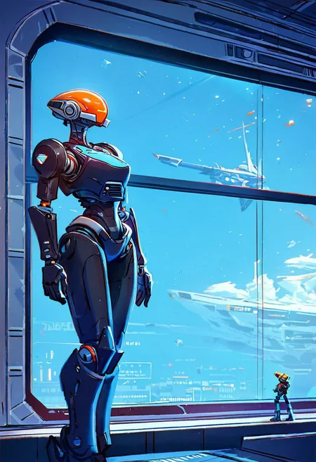 score_9,score_8_up,score_7_up, three-legged automaton:1.5, BLACK ARMOR with red filigree, ROBOT, SLEEK, PRISTINE, WHITE-SPACESHIP-INTERIOR, LOOKING OUT OF window into space OVERLOOKING ORANGE-GAS-GIANT-PLANET,
