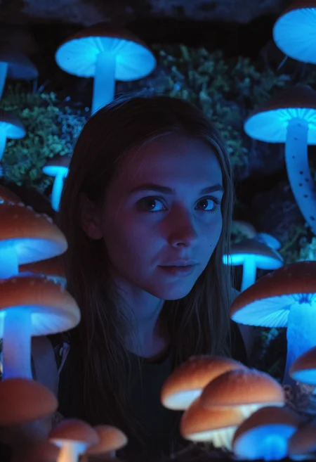 candid photo, amateur photo, (portrait:1.2) of a young woman amidst glowing mushrooms, looking at camera, intrigued facial expression, mystical cave, fluorescent mushrooms, blue glow, lush moss on cavern walls, shallow depth-of-field, creative lighting, selective focus