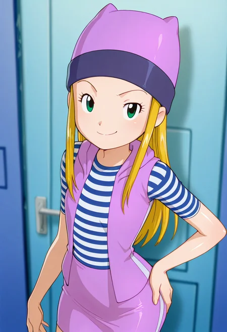 masterpiece, best quality, solo, curvy, beautiful eyes, zzIzumi, green eyes, blonde hair, long hair, purple vest, striped shirt, hat, skirt, ,<lora:OrimotoIzumiDigimon_IXL:1.0>, cowboy shot, hand on hip, smug, smile, looking at viewer, shiny skin,
