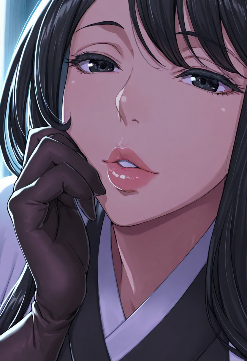 1girl, Takemura Youhei
\(Mato Seihei no Slave\),, adult woman, milf, masterpiece, black japanese kimono, hand up, black gloves, high collar, dark black hair, long hair, very long hair, luscious lips, lip gloss, portrait, colored eyelashes, backlighting, black eyes, goddess, glossy skin, ,hires,best quality, very aesthetic,absurdres,score_9, score_8_up, score_7_up, score_6_up, score_5_up, score_4_up, (hyper extreme detailed), (hyper quality), game CG, (colour:1.2),(from side:0.7)