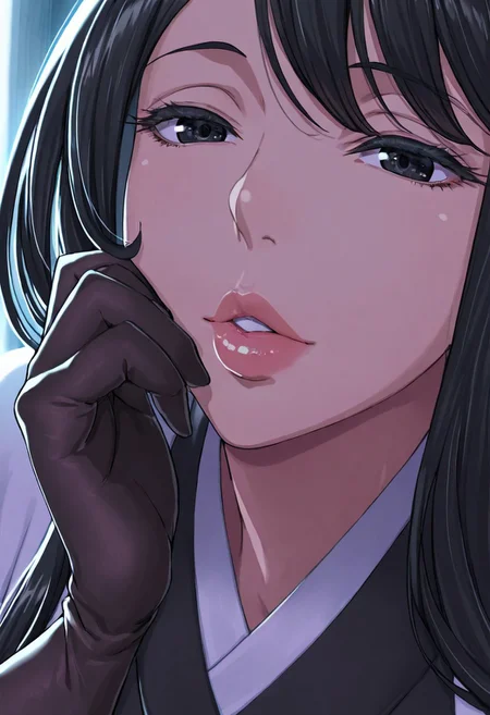 1girl, Takemura Youhei
\(Mato Seihei no Slave\),, adult woman, milf, masterpiece, black japanese kimono, hand up, black gloves, high collar, dark black hair, long hair, very long hair, luscious lips, lip gloss, portrait, colored eyelashes, backlighting, black eyes, goddess, glossy skin, ,hires,best quality, very aesthetic,absurdres,score_9, score_8_up, score_7_up, score_6_up, score_5_up, score_4_up, (hyper extreme detailed), (hyper quality), game CG, (colour:1.2),(from side:0.7)