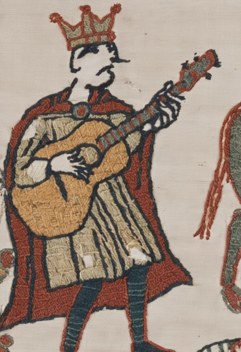 bayeux, king with crown singing rock music, electric guitar, loudspeaker, red cloak, <lora:bayeux:1>