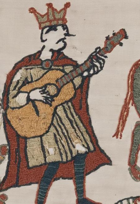 bayeux, king with crown singing rock music, electric guitar, loudspeaker, red cloak, <lora:bayeux:1>