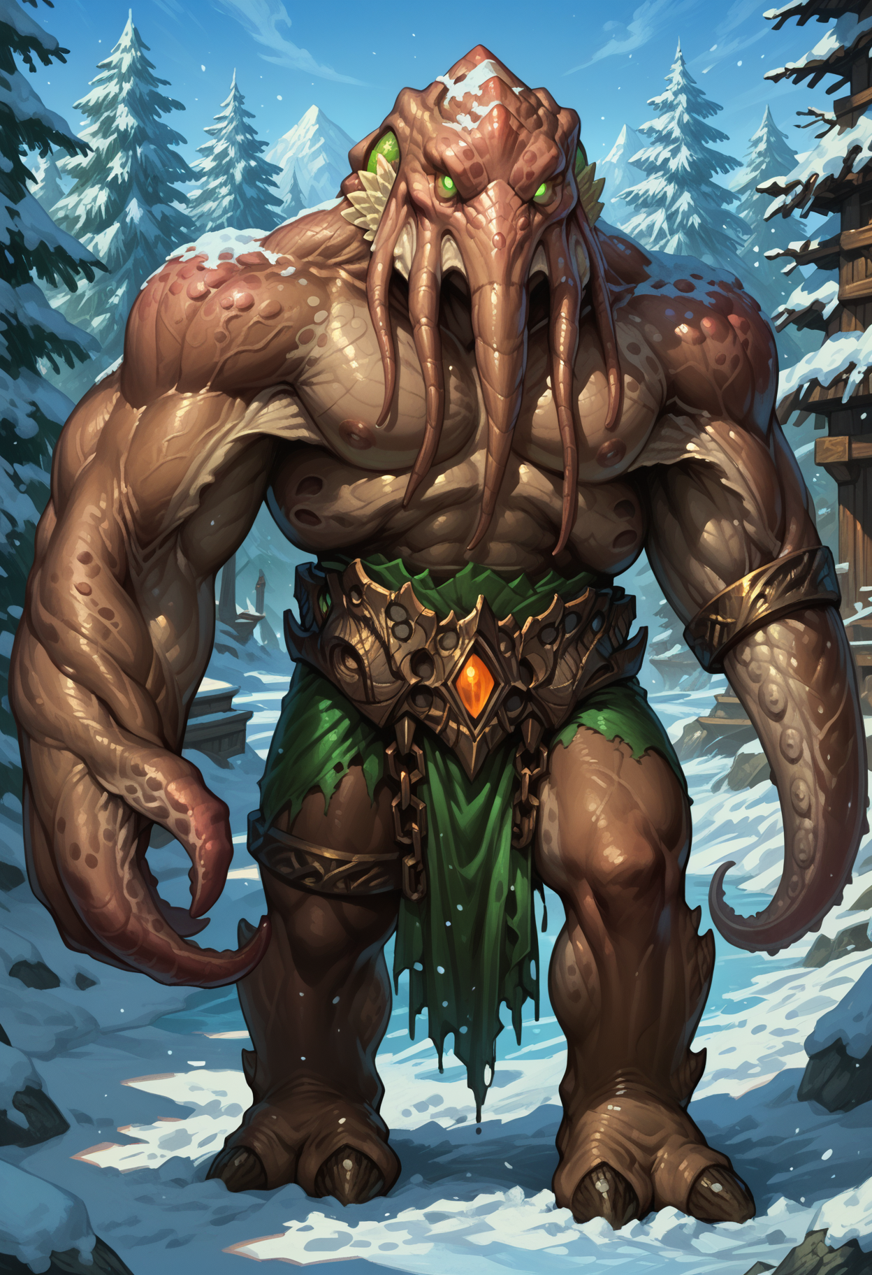 zPDXL3, score_9, score_8_up, score_7_up, detailed face, detailed body, detailed background, perfect anatomy, masterpiece, high quality, best quality, outdoors, snow BREAK three-quarter view, male, muscular, big pecs, thick thighs, faceless_one, monster, brown skin, green eyes, glowing eyes, looking at viewer, standing <lora:FacelessOne_WoW_V1:0.9> <lora:detailed_notrigger:1> <lora:d3t41l3dXLP:0.5>
