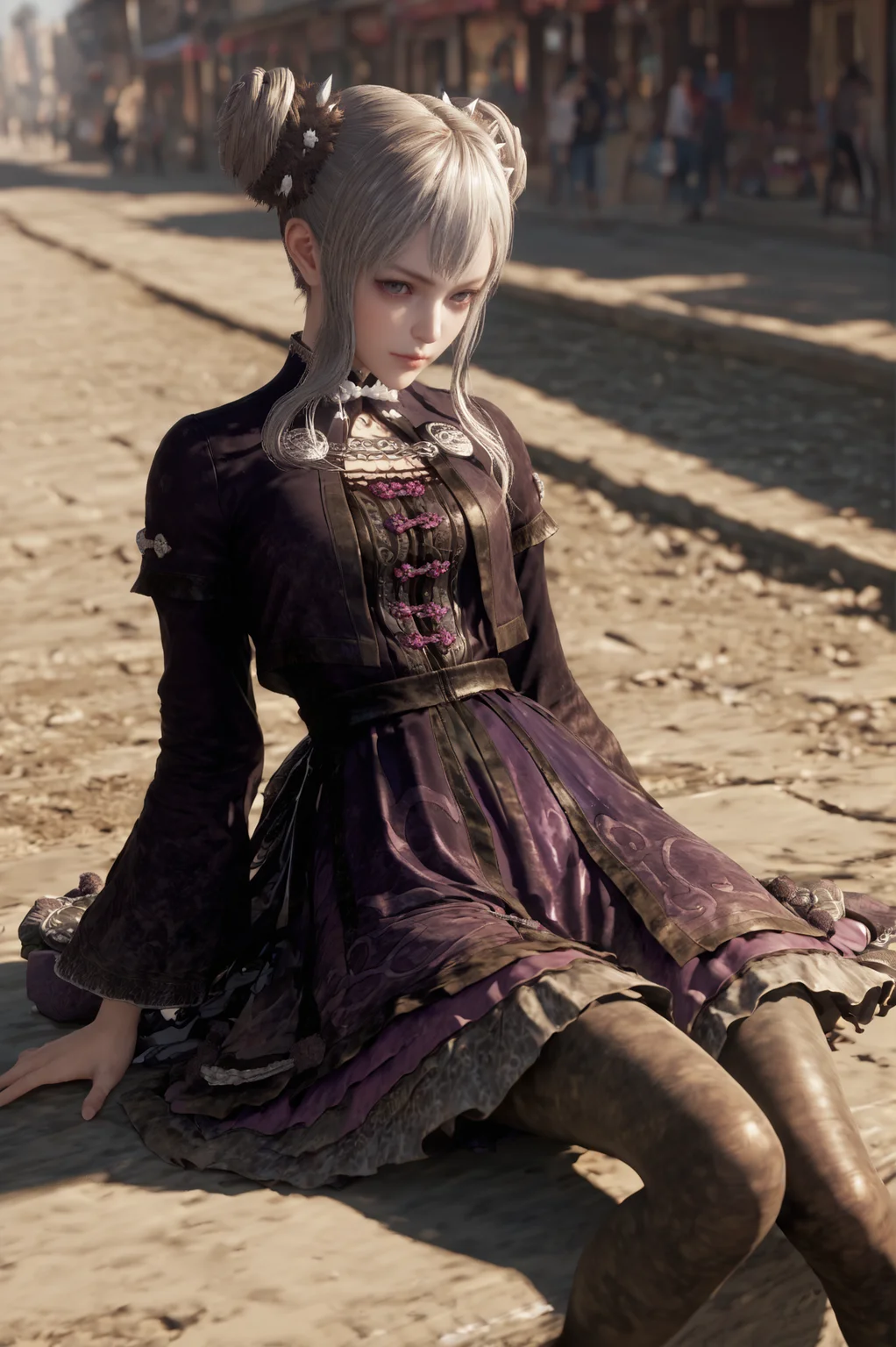 score_9, score_8_up, score_7_up, source_anime, <lora:Dong_Bai:0.8> 1girl, solo, hair bun, grey hair, grey eyes, dress, long sleeves, pantyhose, hair ornament, Leaning back, mimicking a limbo dance, looking at viewer