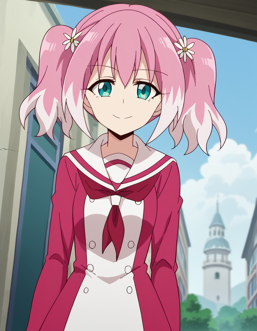 score_9, score_8_up, score_7_up, source_anime, <lora:nana-hiiragi-s1-ponyxl-lora-nochekaiser:1>, nana hiiragi, aqua eyes, twintails, pink hair, flower, white hair, multicolored hair, hair flower, two-tone hair, anime screencap, dress, school uniform, sailor dress, red neckerchief, white sailor collar,, mosque, dome, prayer, holy, architecture, smile, <lora:seductive-smile-ponyxl-lora-nochekaiser:1>, seductive smile, come hither, naughty face,, looking at viewer, solo,, dutch angle, cowboy shot