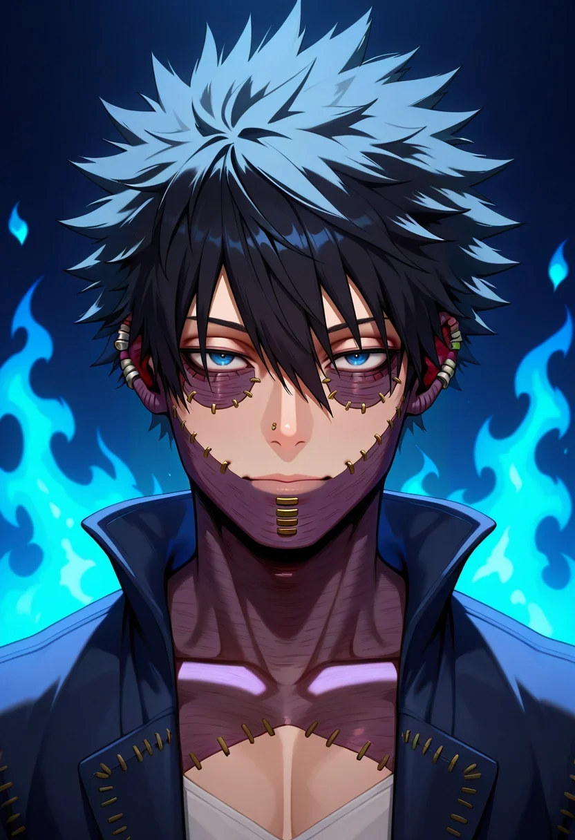 masterpiece, best quality, , (3d:0.4), looking at viewer, 1boy, solo, male focus, <lora:dabi_bnha_ilxl:0.92>, dabi_bnha, black hair, blue eyes, short hair, spiked hair, hair between eyes, messy hair, bangs, scar, burn scar, scar on face, piercing, ear piercing, stitches, blue fire, , easter costume