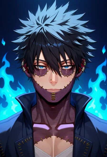 masterpiece, best quality, , (3d:0.4), looking at viewer, 1boy, solo, male focus, <lora:dabi_bnha_ilxl:0.92>, dabi_bnha, black hair, blue eyes, short hair, spiked hair, hair between eyes, messy hair, bangs, scar, burn scar, scar on face, piercing, ear piercing, stitches, blue fire, , easter costume