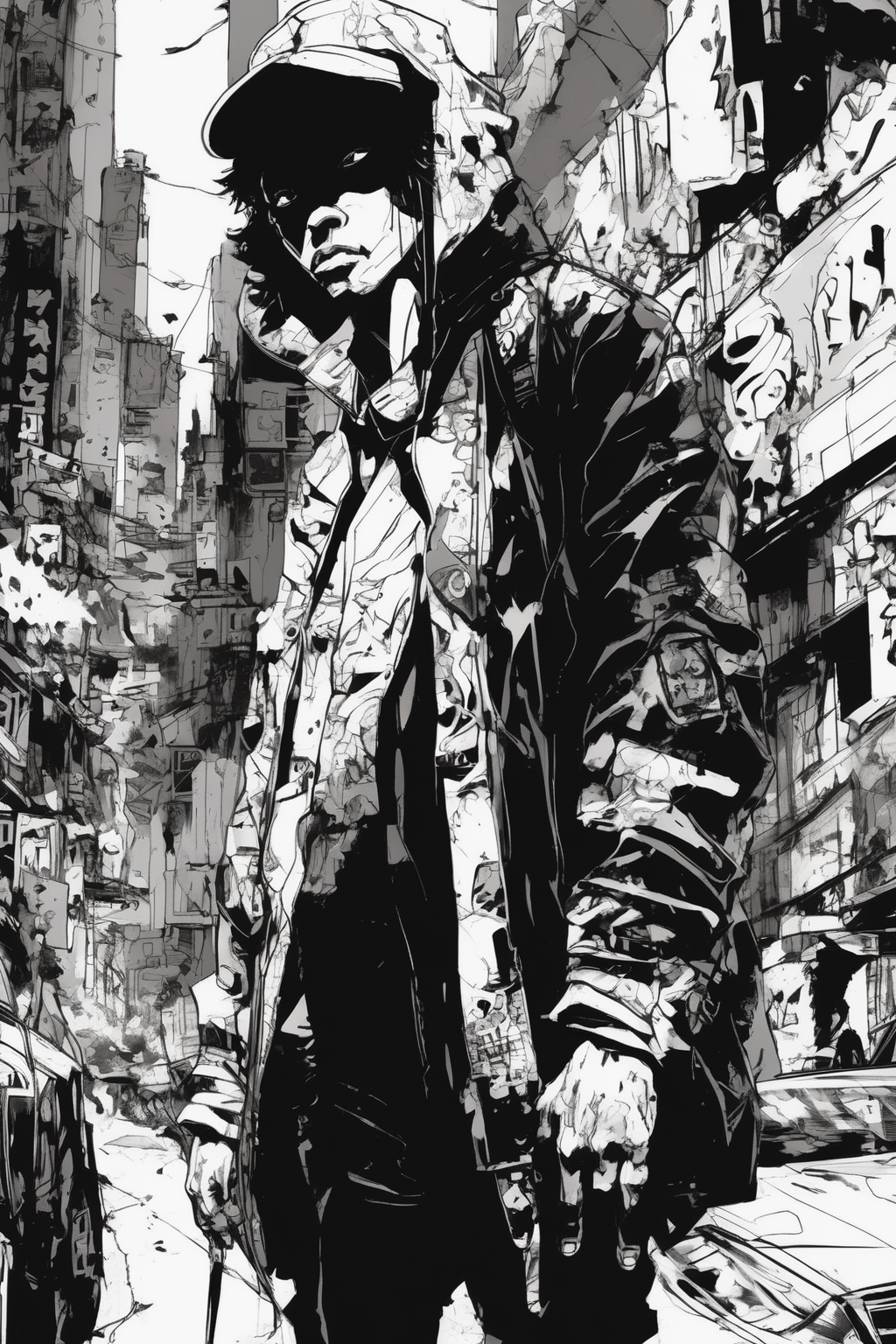 Jim Mahfood Style - Extreme closeup. artistically cropped. art by afro samurai. High contrast. urban.