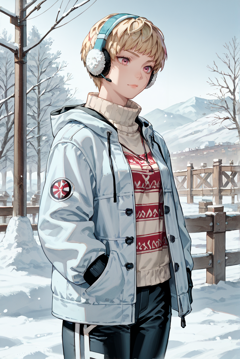score_9, score_8_up, score_7_up,
 <lora:Versus_Style_Pony:0.7> versus_style 
<lora:Kayla_Versus_for_PonyXL:0.8> 1girl, k4yla, short hair, solo, scar, blonde hair, pink eyes,
outdoors, snow, turtleneck sweater, earmuffs, pants, jacket,