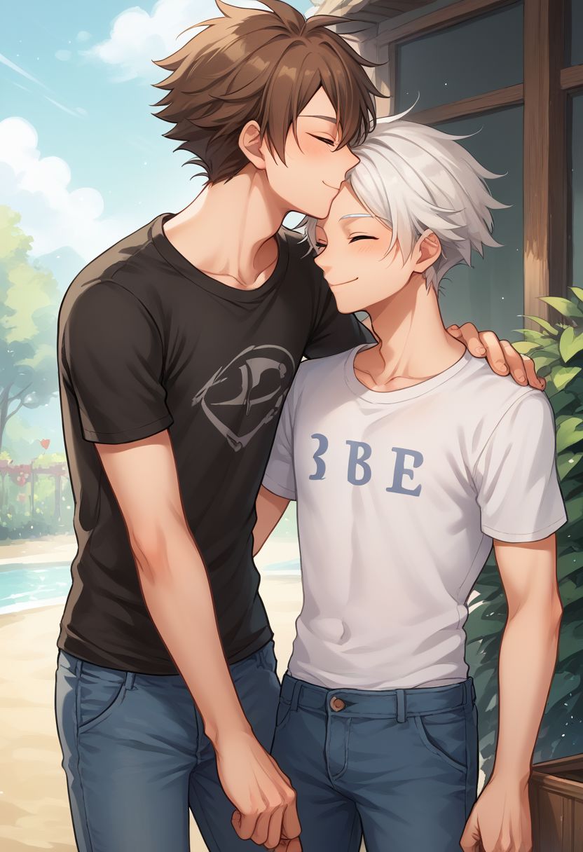 score_9, score_8_up, source_anime, highly detailed, 
kissing forehead, multiple boys, 2boys, male focus, brown hair, closed eyes, white hair, smile, yaoi, t-shirt, pants, cute, skinny,
outdoor,