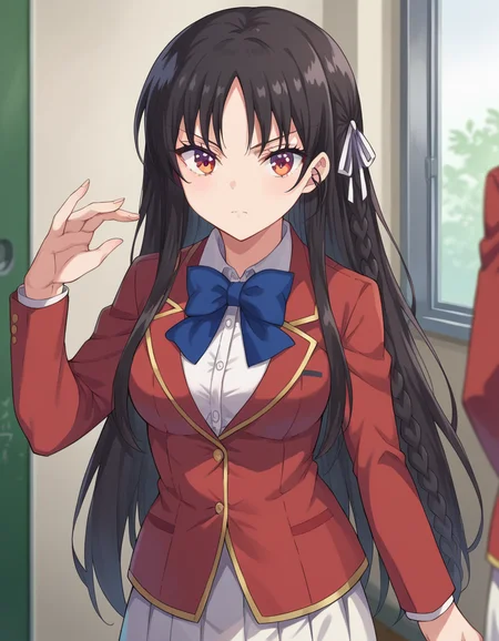 score_9, score_8_up, score_7_up, source_anime,
suzunehorikita, <lora:suzune-horikita-ponyxl-lora-nochekaiser:1>,
suzune horikita, long hair, black hair, red eyes, hair ribbon, braid,
bow, school uniform, jacket, bowtie, blue bowtie, blazer, red blazer, skirt, white skirt,
indoors, classroom, hallway,
looking at viewer, dynamic pose, cowboy shot,