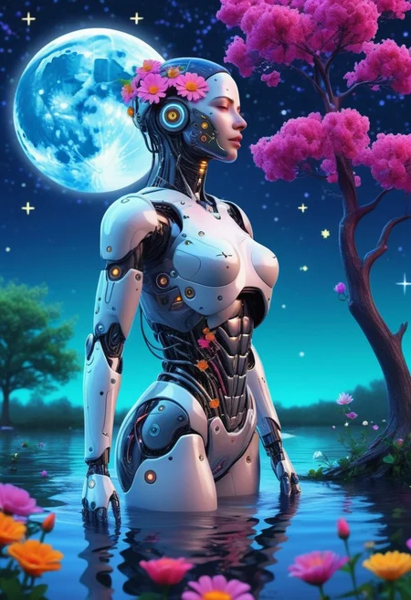 realistic. female cyborg. outdoorf. water. flowers. tree. moon. night. stars
perfection style, vivid colors, colorful, simple background, colorful cyborg,