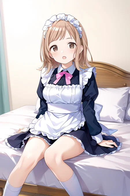 score_9,rating_explicit,
1girl,solo,looking at viewer,full body
BREAK
<lora:SakuragiMano_pony_v1:1>,skrgmn, long hair, medium hair, light brown hair, bangs, brown eyes, medium breasts,
white socks
BREAK
<lora:classic maid_XL_V1.0:1>,maid,
maid apron, maid headdress, long sleeves
BREAK
sit,in bed,
open mouth,blush
