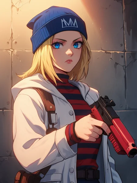 score_9, score_8_up, score_7_up, volumetric lighting,
a woman in a white coat holding a red gun, 1girl,solo,blue eyes,blonde hair, blue hat,holding,weapon,striped,holding weapon,gun,holding gun,handgun,striped shirt,beanie
<lora:akite_pony_v1_mx:0.9>