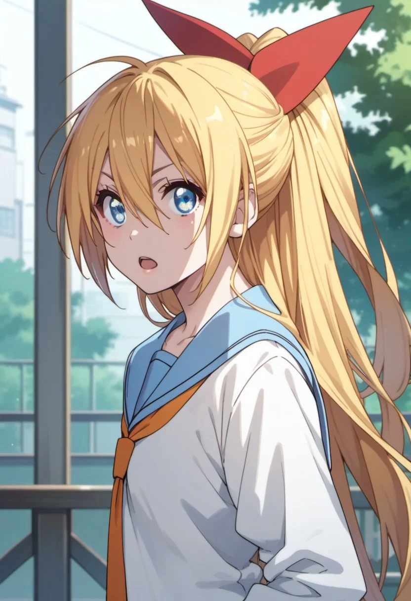 score_9, score_8_up, score_7_up, source_anime, kirisaki chitoge, long hair, blonde hair, blue eyes, 1girl, solo, ribbon, hair ribbon, school uniform, ponytail, anime coloring, looking at viewer, open mouth, hair between eyes