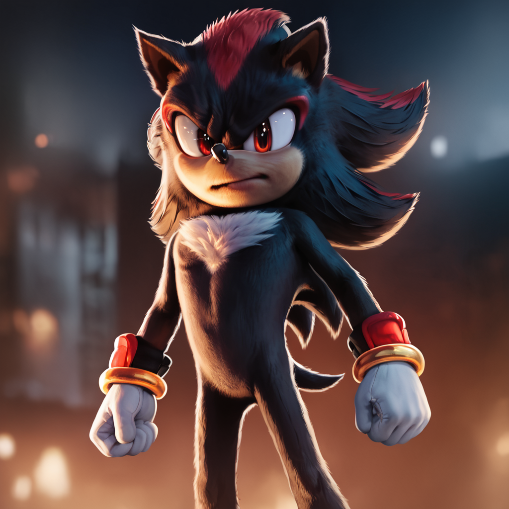 score_9_up, score_8_up, BREAK, no humans, ShadowtheEdgehog, 1boy, solo, black fur, red fur, furry male, furry mouth, animal ears, red eyes, white gloves, cowboy shot, depth of field, <lora:ShadowTheEdgehog_Movie3_PXL_Leaf1:1>, realistic, looking at viewer, night, moonlight,