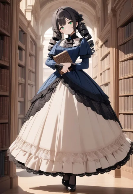 8k, masterpiece, highly detailed,
1girl wearing an blue (victorian dress), <lora:victorian_dress-XL-2.0:1>
black hair, ringlets, green eyes,
full body, head tilt, holding a book, library, black lace