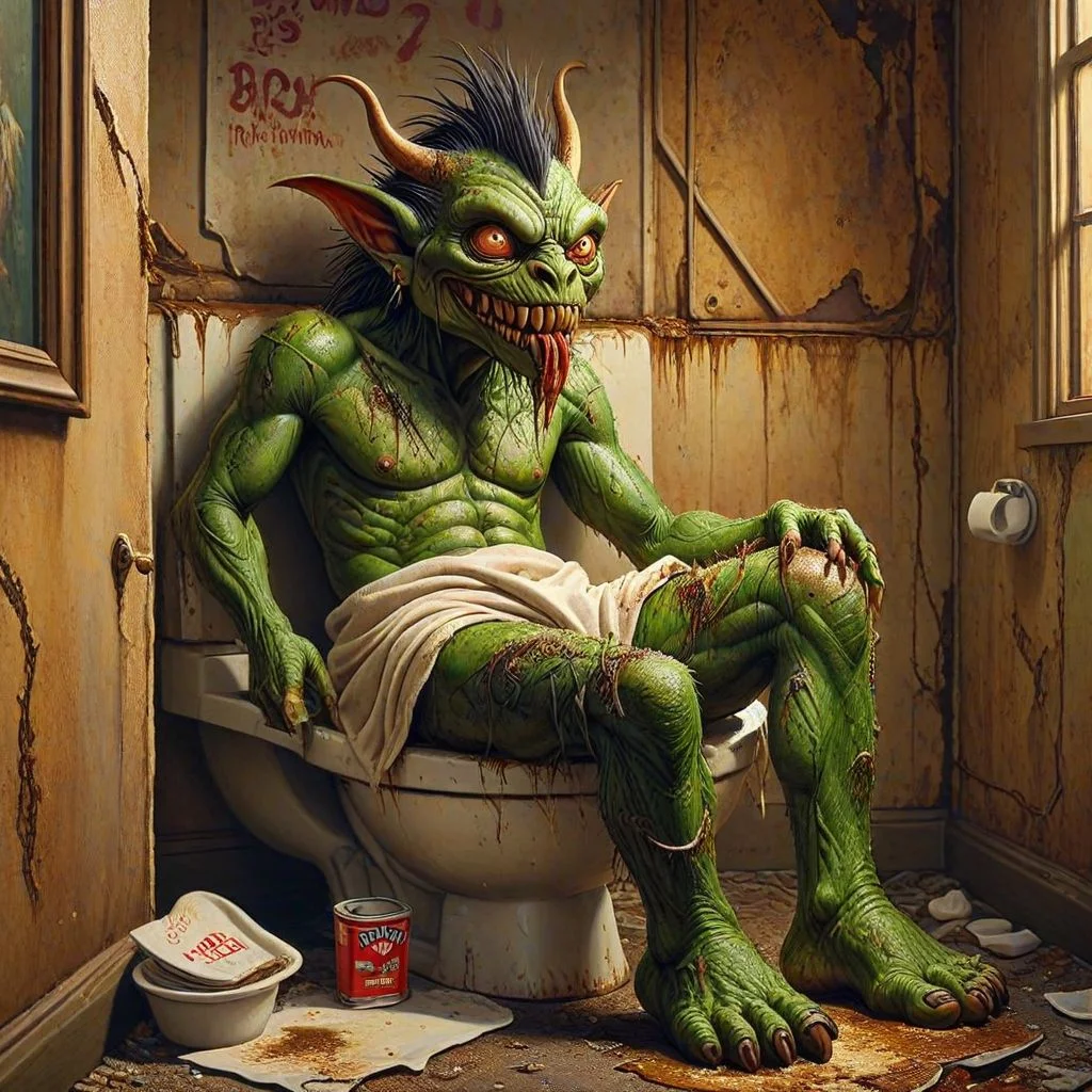 cradimerdo,A highly detailed oil painting of a grotesque monster lounging on a dirty toilet, engrossed in reading a tattered Playboy magazine. The creature has a scaly green body, with sharp teeth and protruding eyes. The toilet is in a dimly lit, run-down bathroom with peeling wallpaper and rusted fixtures. The Playboy magazine lies open, revealing a vintage centerfold. The overall atmosphere of the painting is eerie and unsettling, with a touch of dark humor.
<lora:MJ52:0.5> <lora:DetailedEyes_V3:1> <lora:SDXLFaeTastic2400:0.5> ziprealism, <lora:greg_rutkowski_xl_2:1> <lora:middle_finger:1> <lora:cradimerdo:0.5>