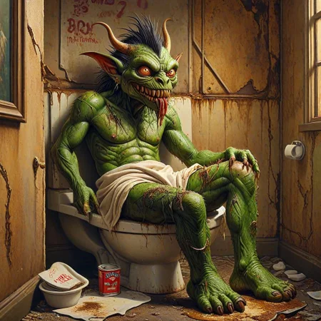 cradimerdo,A highly detailed oil painting of a grotesque monster lounging on a dirty toilet, engrossed in reading a tattered Playboy magazine. The creature has a scaly green body, with sharp teeth and protruding eyes. The toilet is in a dimly lit, run-down bathroom with peeling wallpaper and rusted fixtures. The Playboy magazine lies open, revealing a vintage centerfold. The overall atmosphere of the painting is eerie and unsettling, with a touch of dark humor.
<lora:MJ52:0.5> <lora:DetailedEyes_V3:1> <lora:SDXLFaeTastic2400:0.5>    ziprealism, <lora:greg_rutkowski_xl_2:1>  <lora:middle_finger:1> <lora:cradimerdo:0.5>