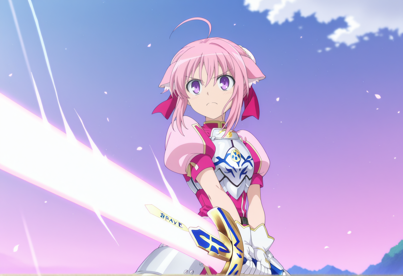 anime coloring, anime screenshot, anime screencap, 1girl, pink hair, double bun, bun cover, ribbon, dog ears, purple eyes, pink dress, sleeveless, puffy sleeves, gloves, armor, holding excalibur \(fate/stay night\) <lora:biscotti_dd:1> brave_pose  <lora:Brave_Pose:1>, masterpiece, best quality, amazing quality, very aesthetic, absurdres, highres, newest